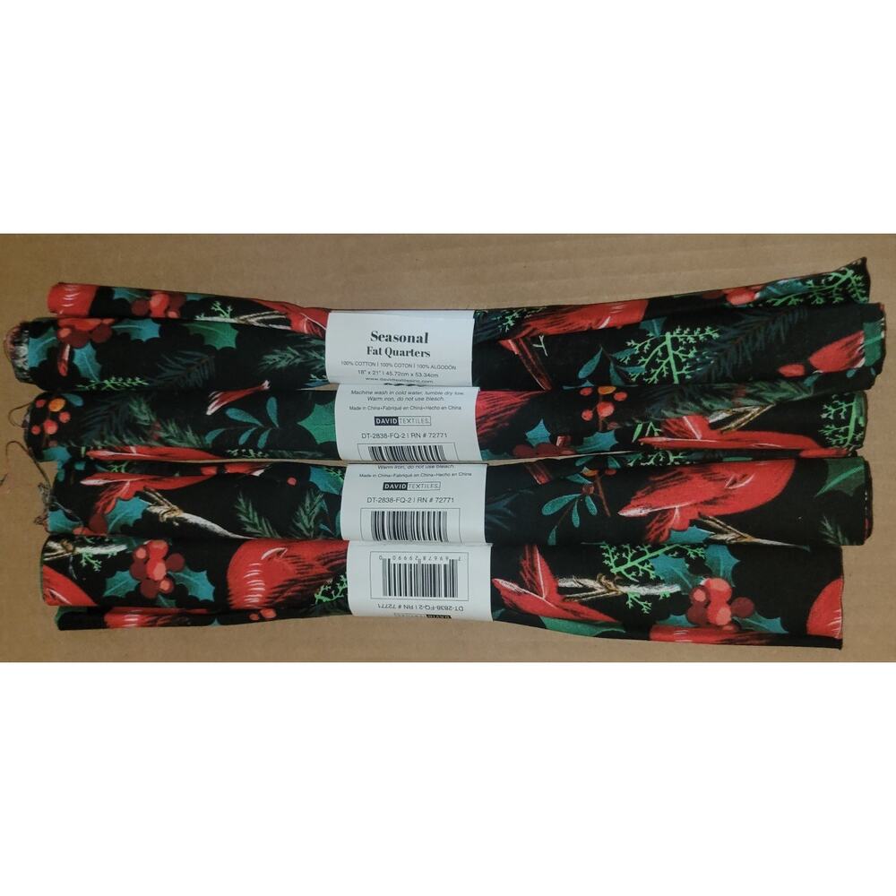 4 Christmas Cardinals on Black Fabric Seasonal Fat Quarters 18x21" Material